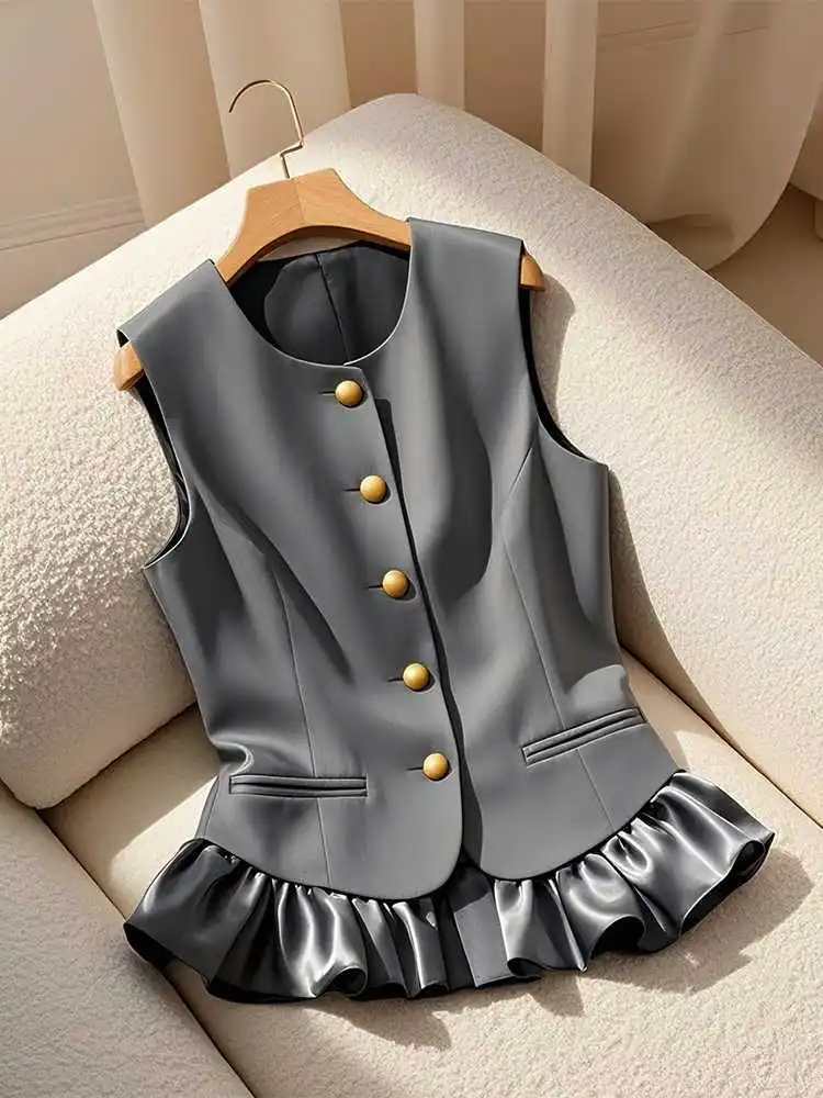Solid Gray Ruffled Patchwork Waistcoats Single Breasted Blazers Vests Coat Temperament Women Formal Elegant Outerwear Summer New