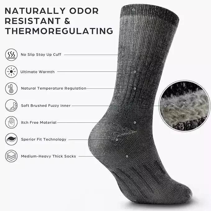 3 Pairs 80%Merino Wool Socks Warm Thicken Hiking Cushion Crew Socks For Men Breathable Sports Socks Moisture Wicking Euro Size