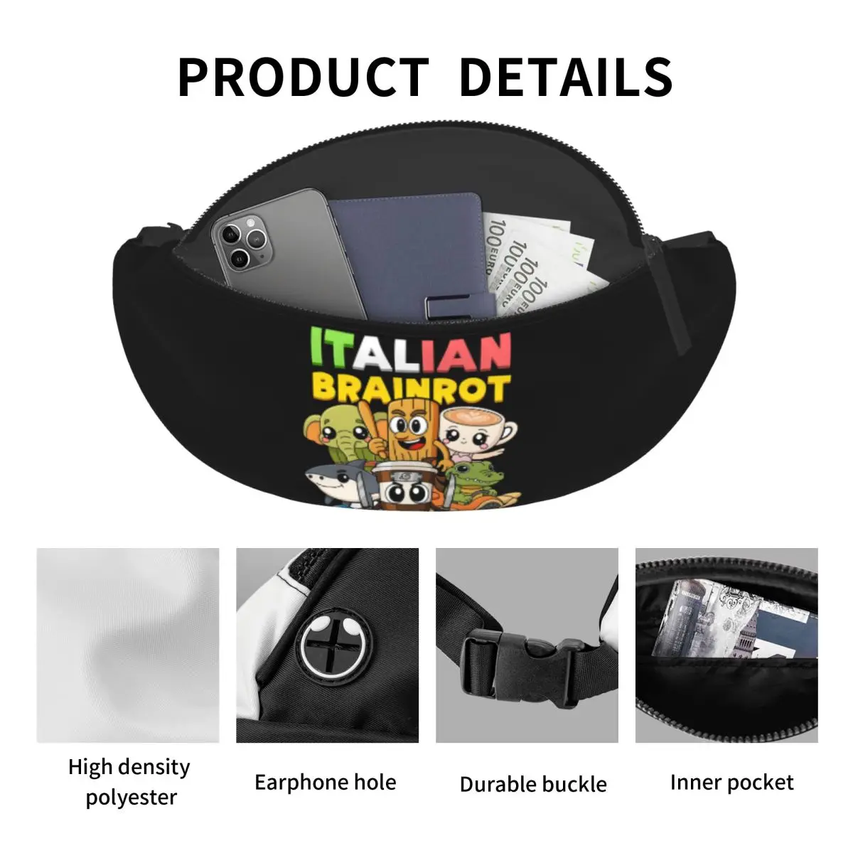 Riñonera italiana personalizada Brainrot para hombres y mujeres, bolso cruzado con dibujos de animales geniales, riñonera para ciclismo, Camping, bolsa para dinero para teléfono