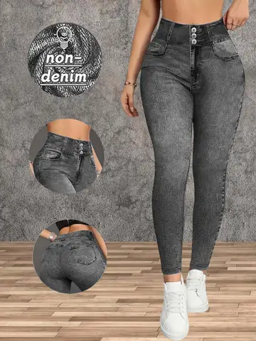 Ladies High-Waist Faux Denim Slim Fit Pants Denim Print Elastic Waist Tummy Control Butt Lifting Casual Trousers