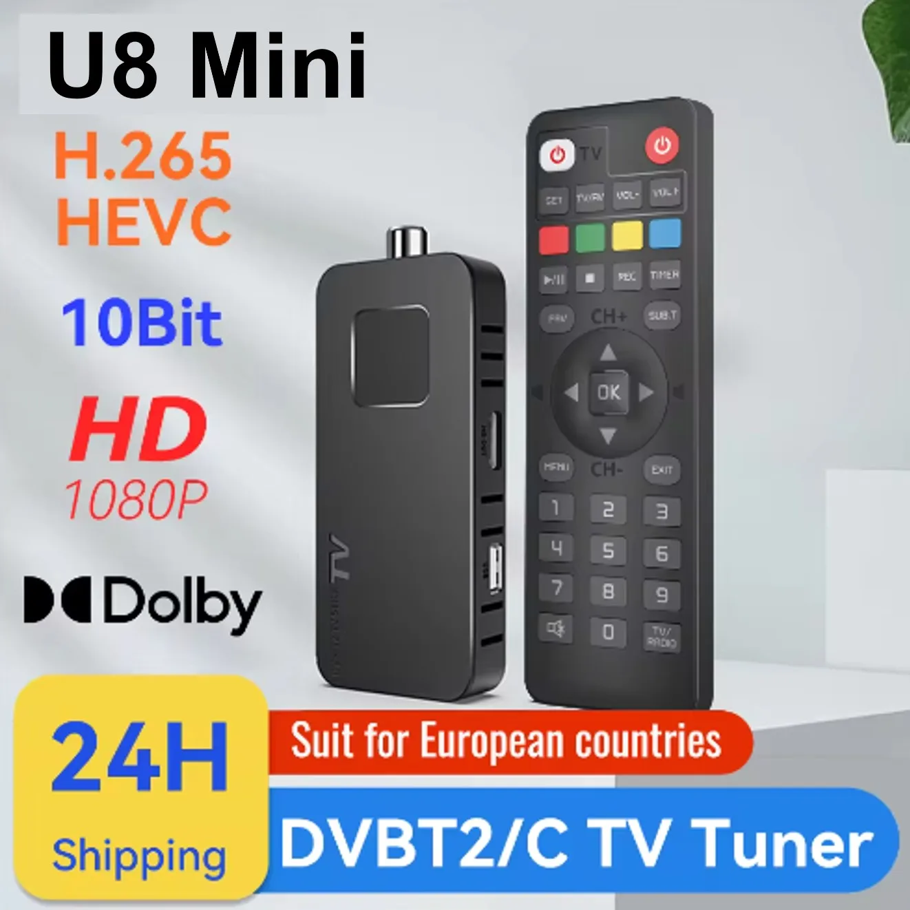 

U8 Mini For Europe H.265 DVB-T2&C TV Decoder Dolby HD 1080P Mini TV Tuner HEVC 10Bit Digital Terrestrial Receiver Support WiFi