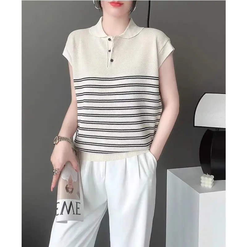 Summer Women\'s Short Sleeve Striped Button Solid Turn-down Collar Pullover Sweater Knitted T-shirt Casual Screw Thread Tops