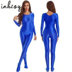 Collant de corpo inteiro liso e lustroso feminino, macacão monocromático, manga comprida, bodysuit, esportivo, fitness, festa rave, clubwear