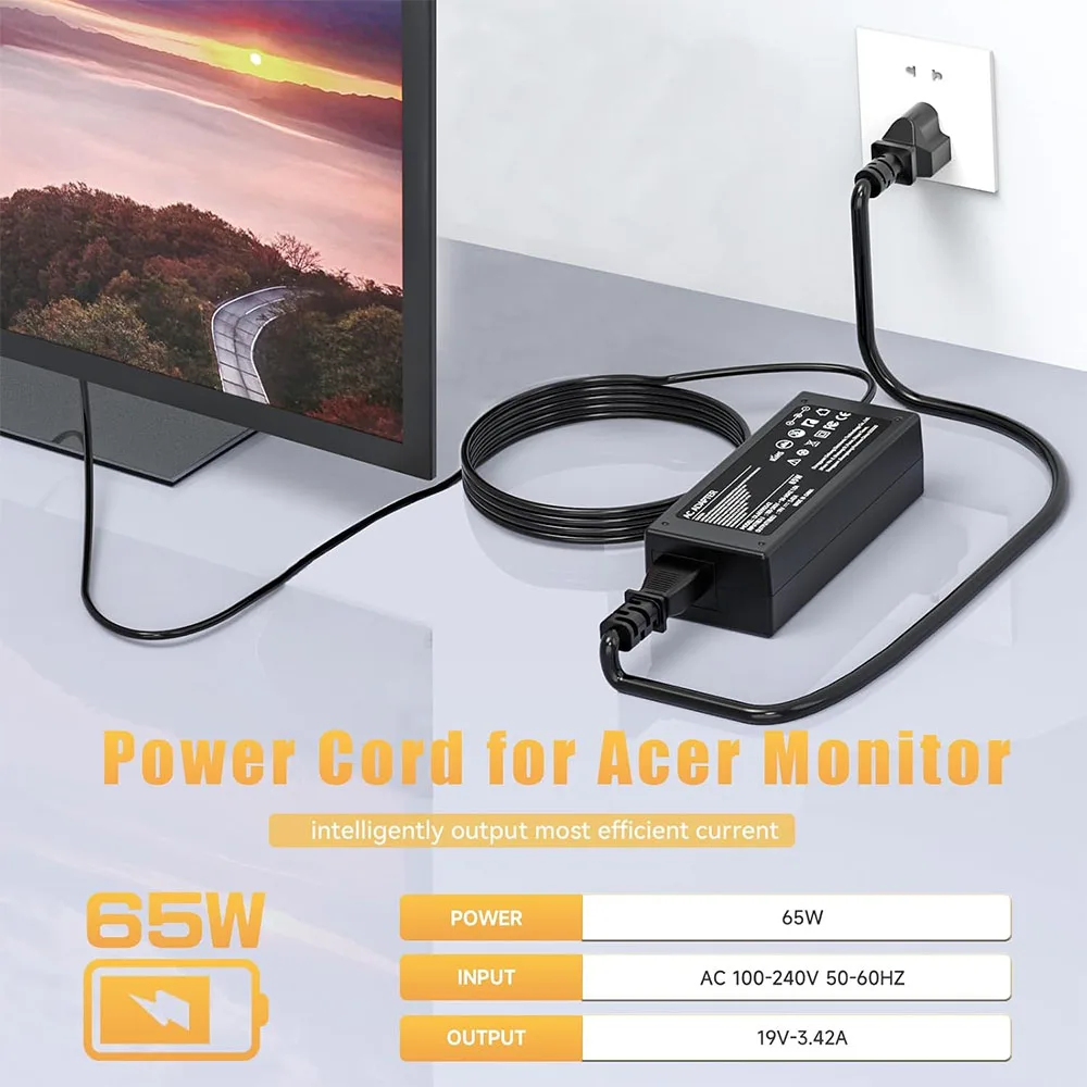 

19V Power Cord for Acer Monitor R240HY S230HL SA230 SB230 H236HL SB270 SA270 S201HL S231HL S271HL S240HL G276HL 65W AC Adapter