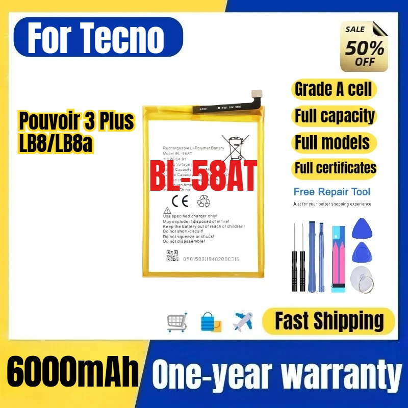 BL-58AT for Tecno Pouvoir 3 Plus/LB8/LB8a Phone Battery High Quality High Capacity Replacement Bateria Grade A Cell with Tools