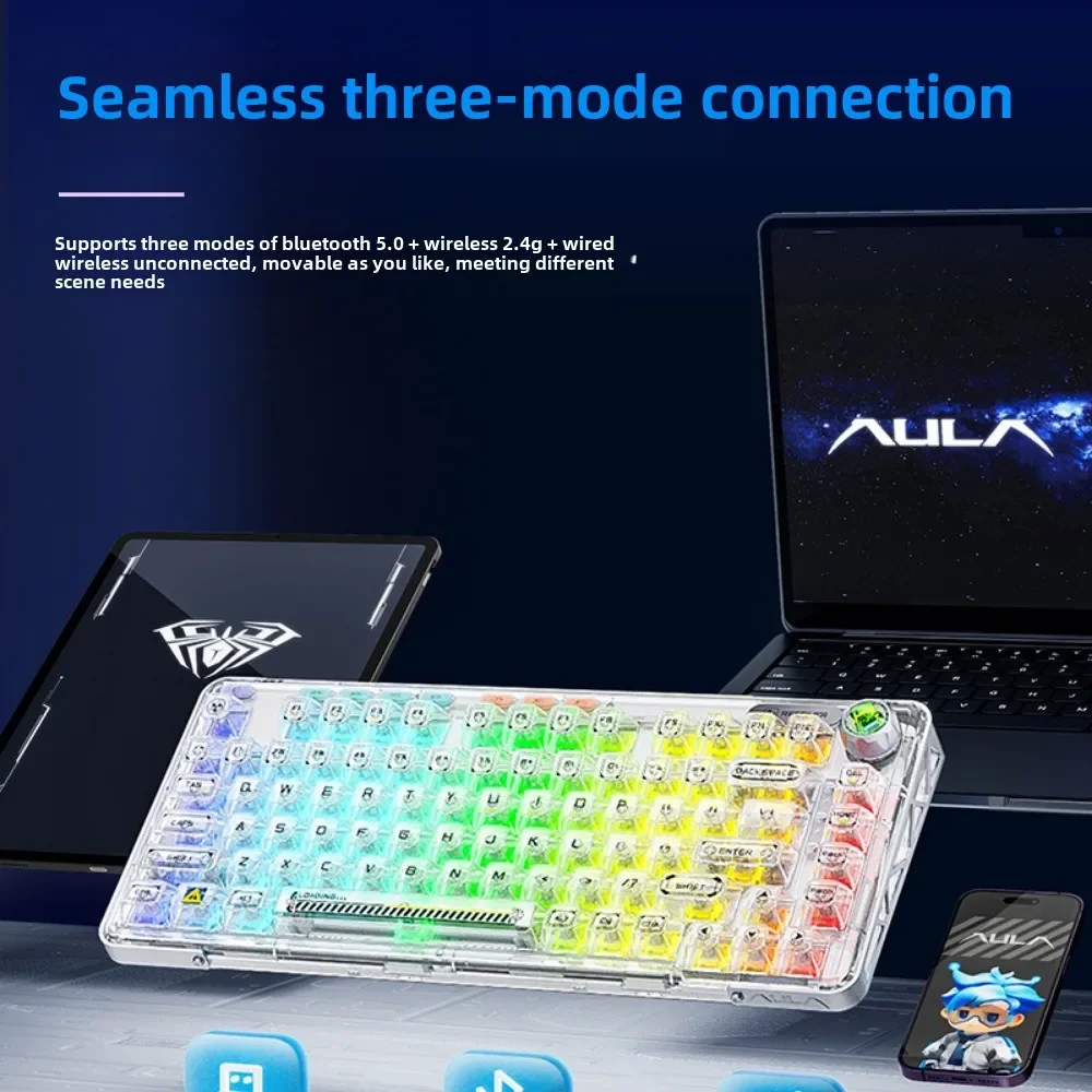 AULA F81 wireless keyboard transparent mechanical keyboard customized 75% configuration hot swap esports Gasket structure 81Keys