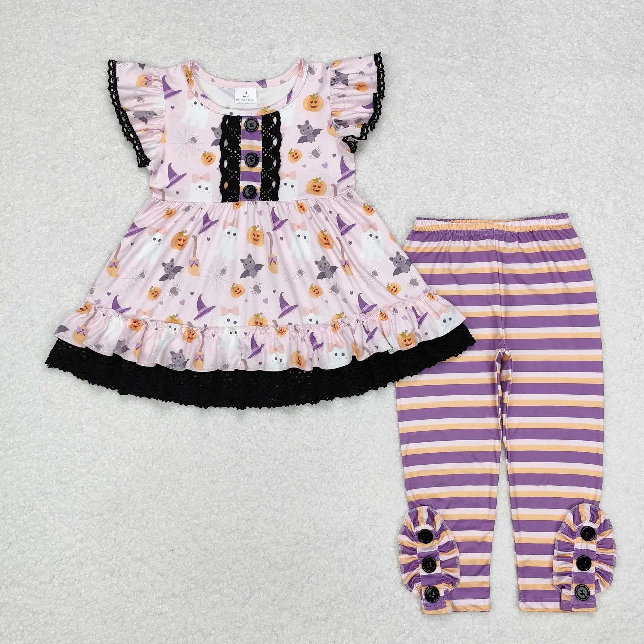 

Wholesale Toddler Short Sleeves Ghost Pumpkin Tops Stripes Pants Baby Girl Purple Set Kids Infant Children Halloween Outfit