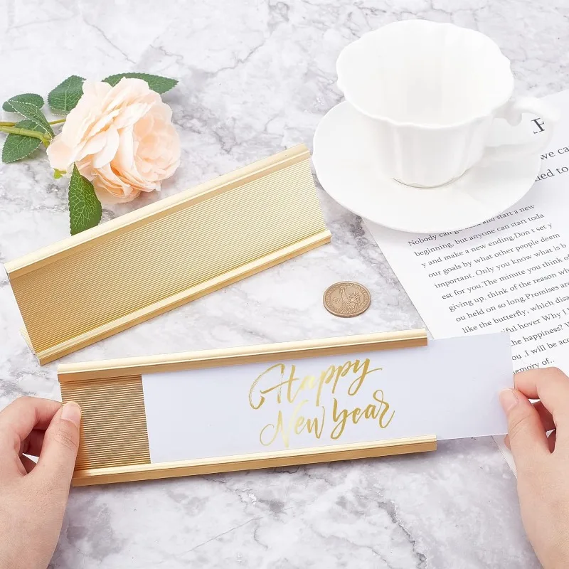 2 Pcs Aluminum Desk Name Plate Holder 7.87x2.42 L-Shaped Metal Desk Name Sign Rack Golden Professional Desktop Display Stand