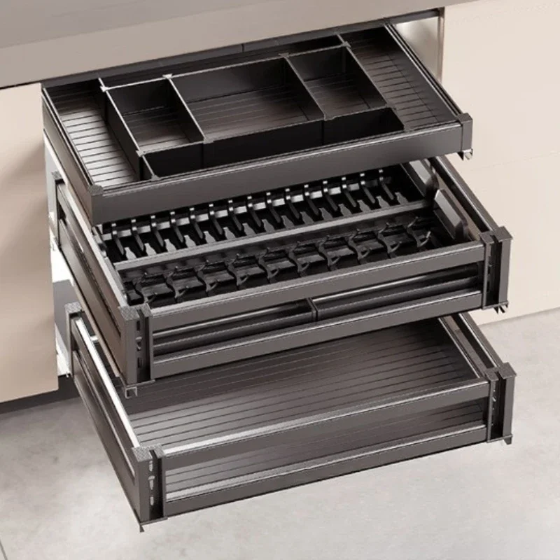 Aluminum alloy dishes basket kitchen cabinet three-layer double-layer drawer bowl basket bowl rack