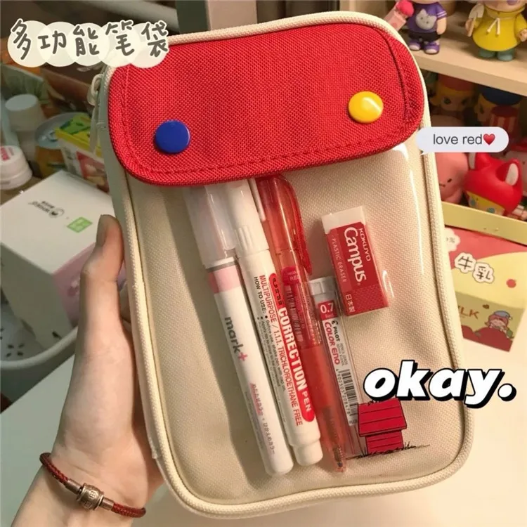 Korean INS Novel Retro Color Contrast Pencil Case Double-layer Large Capacity Student Stationery Pen Bag Back To School Supplies