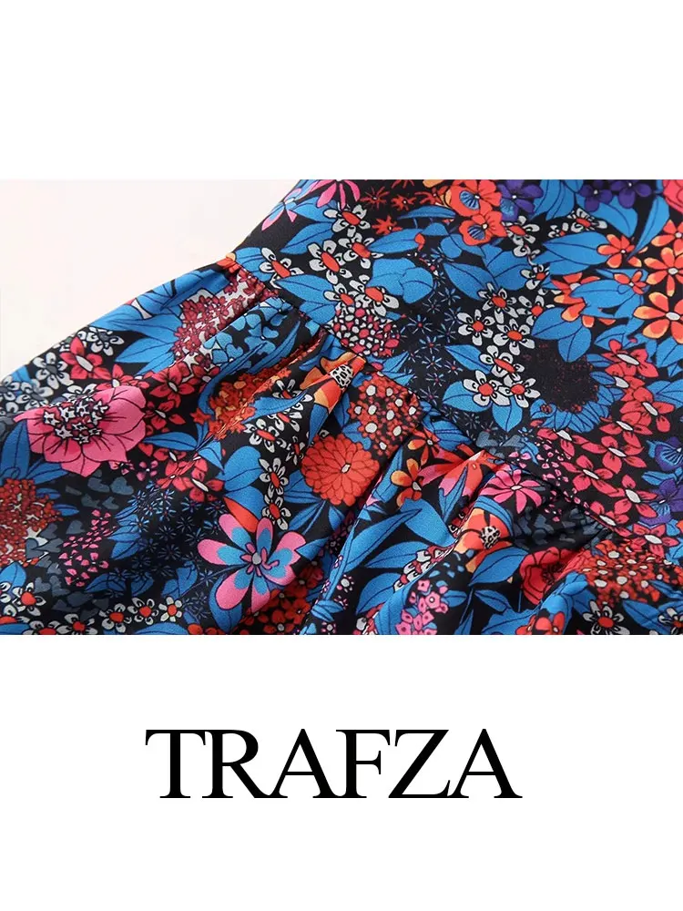 TRAFZA Female Trendy Summer Floral Print Pant Sets High Waist Straight Pants+Bow Lace Up Short Sleeves O Neck Blouse Causal Set