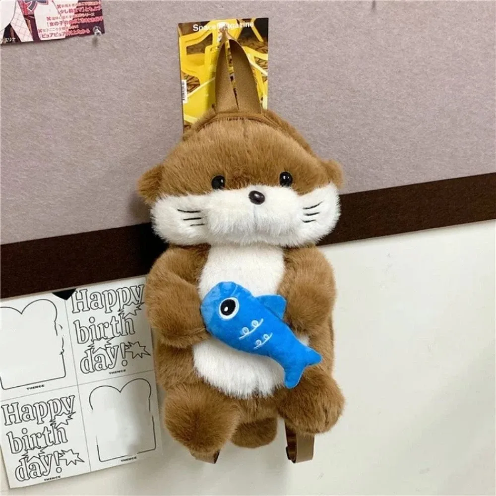 Adorable Otter Backpack Realistic Look Fluffy Simulation Animal Shoulder Bag Soft Holding Fish Student School Bag Casual Use
