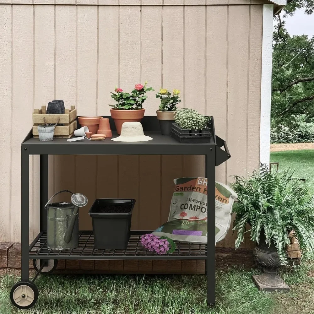 

Metal Potting Bench with Wheels Planting Table for Outdoor Gardening Work Benches for Outside Potters Station Weatherproof