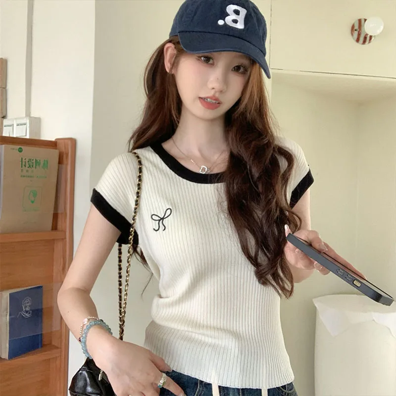 

Summer Women Fashion Sweet Bow Embroidery Slim Tops Korean Style Contrast Short Sleeve O-neck T-shirt