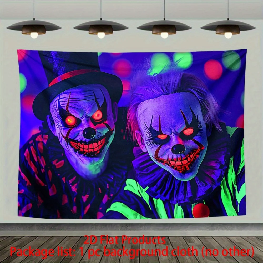 VIKAMA Gruseliger Clown-Wandteppich, Jacquard-Stoff, rote Augen, lila, grün, Halloween-Party, Spukhaus-Thema, gruselige Raumdekoration