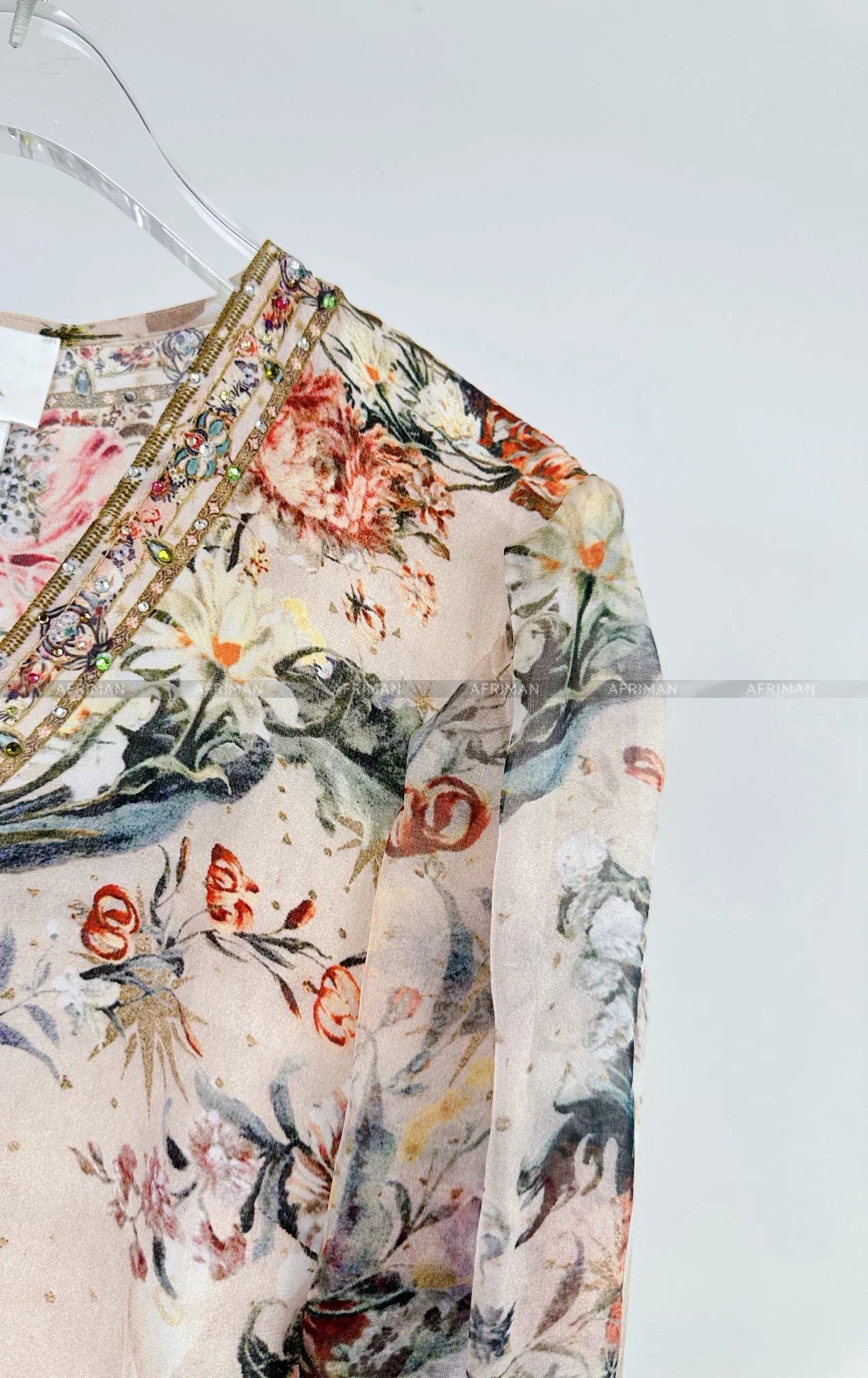 Camicetta da donna in seta 100% con stampa floreale retrò a maniche lunghe con perline pesanti e scollo a V