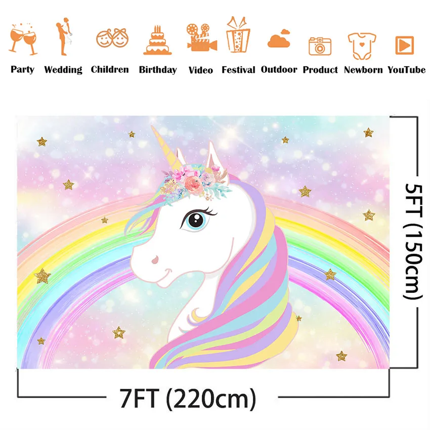 Rainbow unicorn birthday backdrop baby shower bokeh glitter photo background birthday photocall floral birthday party supplies