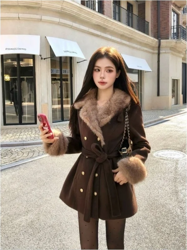 

Женское пальто в стиле ретро, зимнее длинное пальто Sve, двубортная верхняя одежда с завязками на талии, роскошная пушистая аосфера, тюре