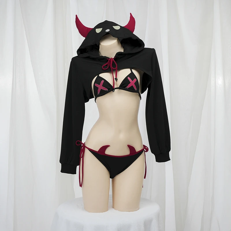 

Halloween Adult Erotic Lingerie Set Role Playing Little Devil Girls Bikini Punk Hoodie Crop Top Long Sleeve Nightgown Lingerie