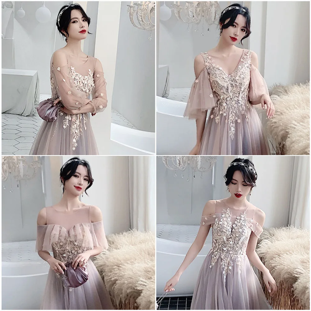 4 Styles Light Pink Purple Bridesmaid Dress Women's Elegant Classical Tulle Off The Shoulder Gown Ruffles Sleeves A-line Vestido