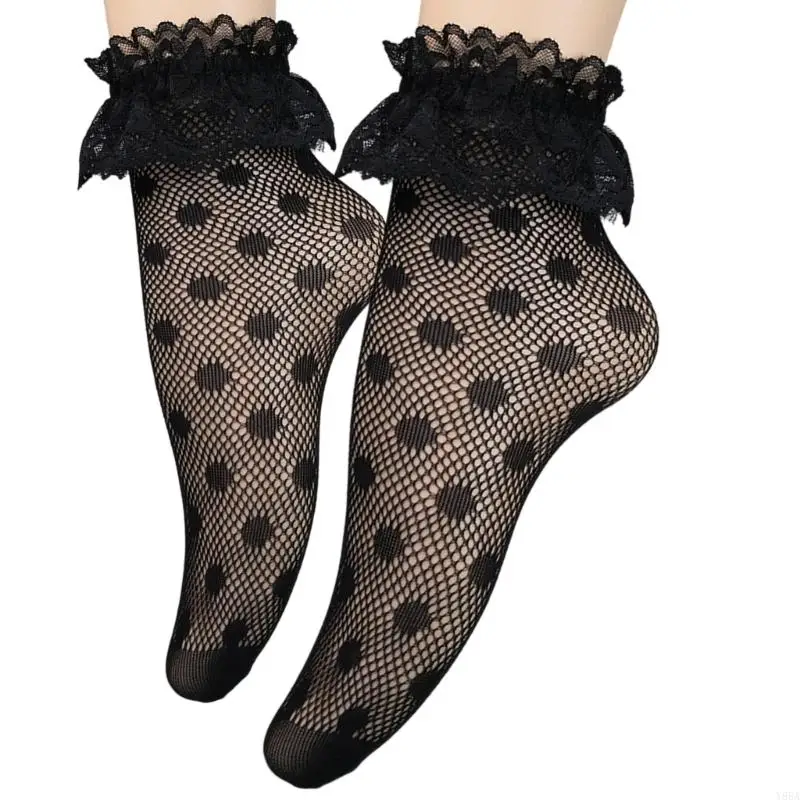 Y88A Womens Black Match Sochkle Robffle Frilly Lace Mesh Robe chaussettes