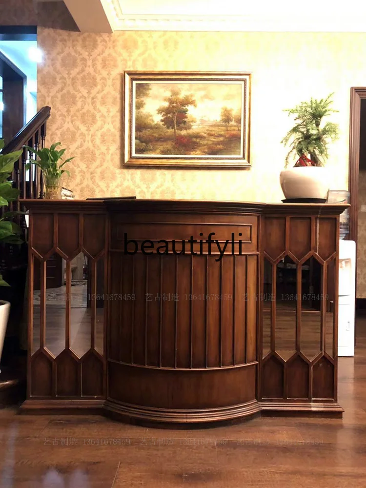 

Solid wood retro mirror small mini bar counter cabinet reception desk bar space