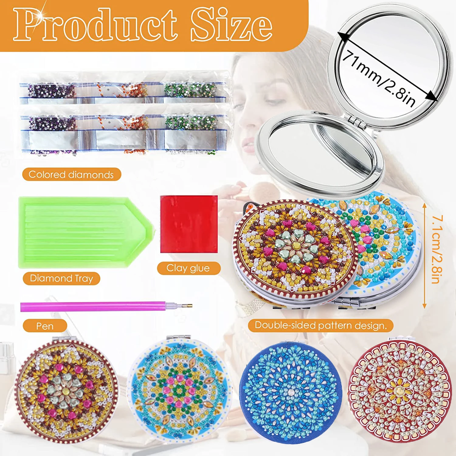 1pc/Set DIY Mandala Diamond Painting Mirror Kits for Adults 4 Styles Mirrors Crystal Rhinestones Diamond Art Compact Mirror Kit view 3