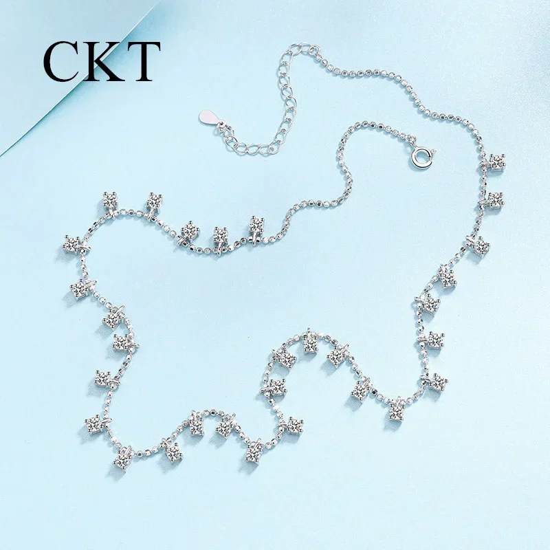 Luxury 18K White Gold Full Set 3-9ct Moissanite Necklace for Women Star Shining Bead Chain Pt950 Platinum Collarbone Jewelry