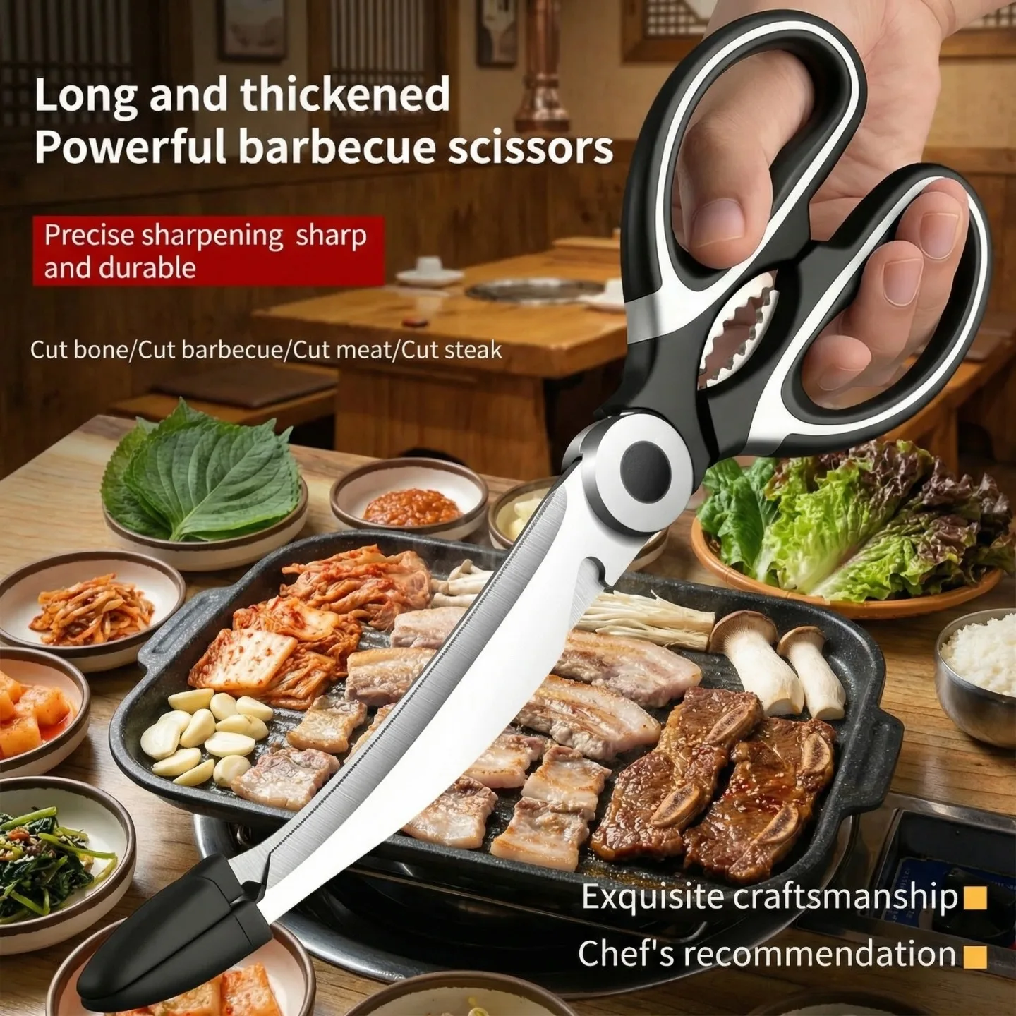 Newly Improved Korea Style Multi-Function Stainless Steel BBQ Scissors Set - 2-in-1 Clip Design for Meat, Steak, Herbs & Cooking