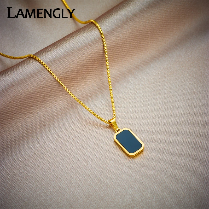 LAMENGLY 316L Stainless Steel Black Rectangular Pendant Necklace For Women New Fashion Girls Exquisite Neck Chain Jewelry Gifts