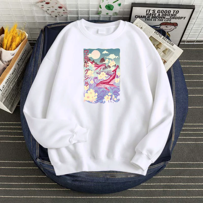 Whale Fantasy World Japanese Style Print Hoodies Soft Brand Clothes Thermal Vintage Men'S Sweatshirt Oversize Soft Mens Hoodie