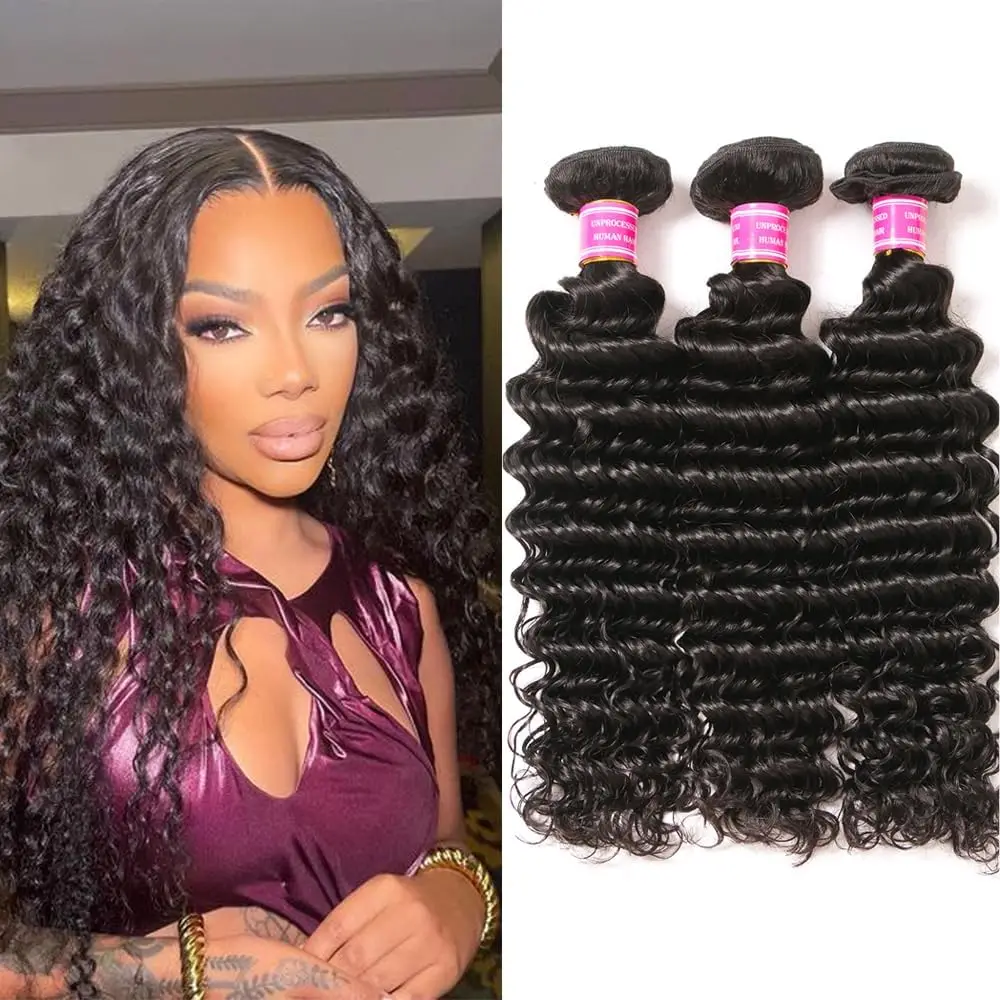 Deep Wave Human Hair Bundles With 13x4 Transparent Lace Frontal Brazilian 100% Human Hair Weave Extension