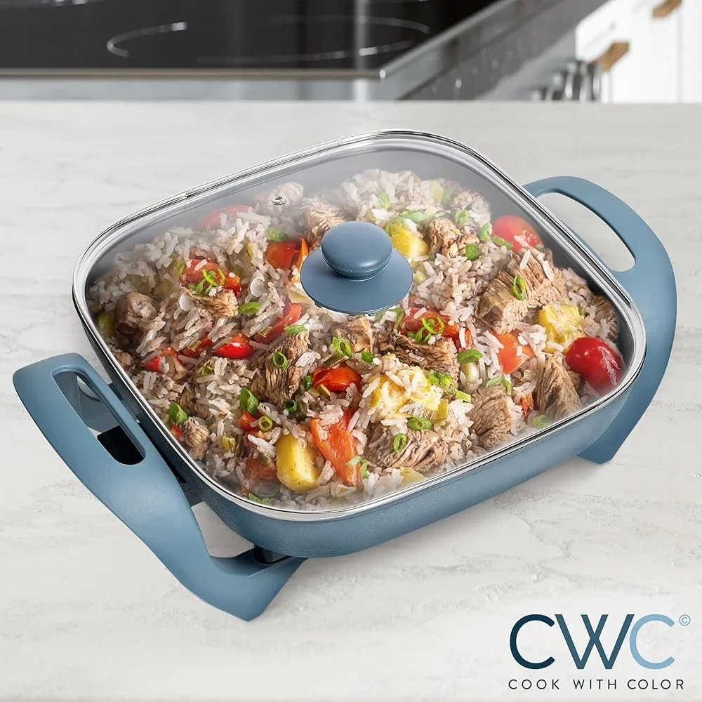 مقلاة كهربائية 1400 وات مقلاة طهي سيراميك غير لاصقة مع غطاء من الزجاج المقسى مسبار تسخين قابل للإزالة سهل التنظيف وخالي من PFAS