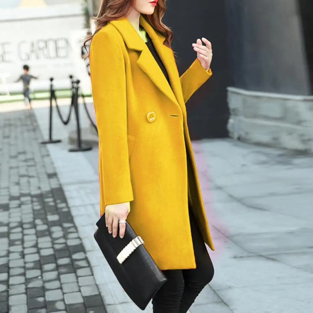 Elegant Lady Coat  Long Sleeves Pockets Women Overcoat  Notch Collar Women Fall Coat