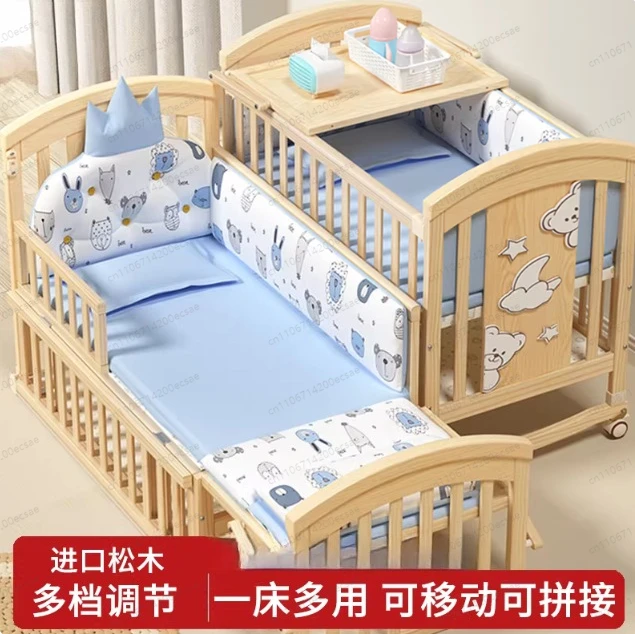 

Solid wood newborn baby cradle multi-functional paint-free movable children's splicing bed