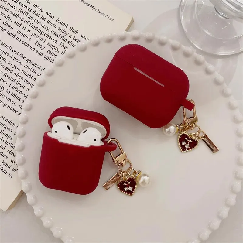 Apple Airpods,イヤホン,素敵なワインレッド,シリコン,ヘッドセットボックス,Airpods Pro 2,1,2,3,4用のビンテージラブハートキーホルダー