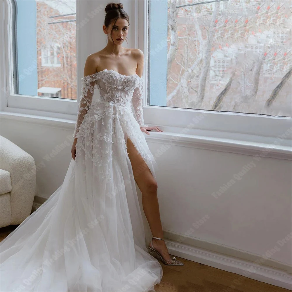 Elegant Off The Shoulder Princess A-Line Wedding Dresses Shiny Tulle Surface Bridal Gowns Sexy Mopping Length Vestidos De Novias