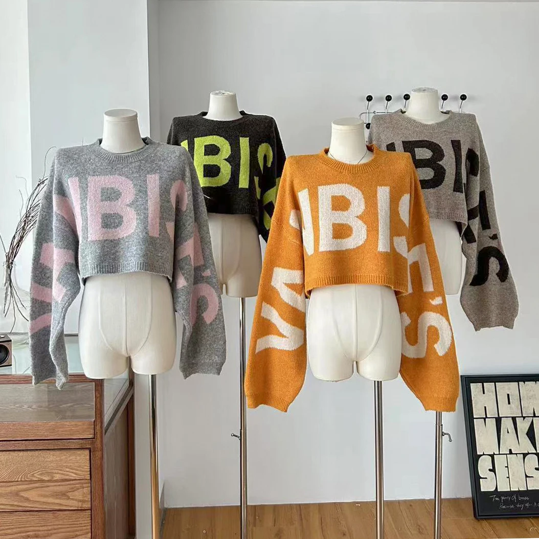 

Women's Spring Autumn Casual Letter Print Long Sleeve Loose Short Sweater Lady Streetwear Pullover Crop Jumper Top