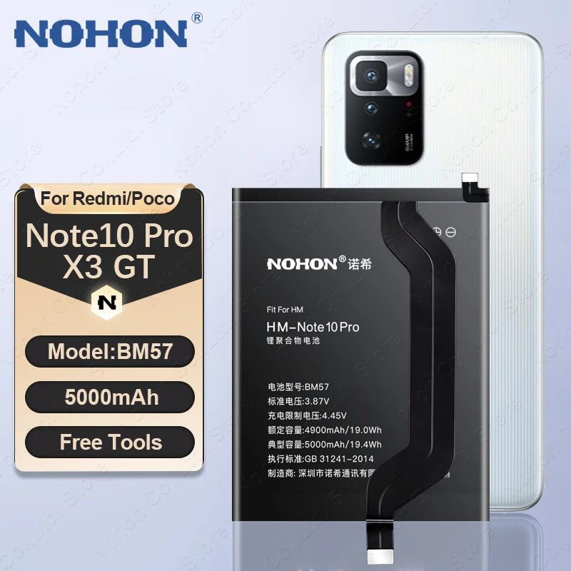 NOHON BM57 5000mAh Phone Battery for Xiaomi POCO X3 GT / Redmi Note 10 Pro (China Version) Lithium Polymer Batteries + Tools