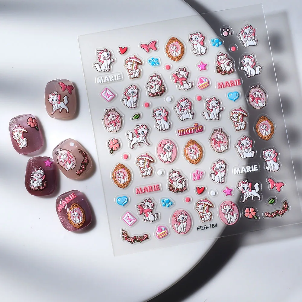 

5D Relief Disney Cartoon Mary Cat Nail Sticker Anime Strawberry Bear Stickers For Nail The Little Mermaid Princess Nail Supplies