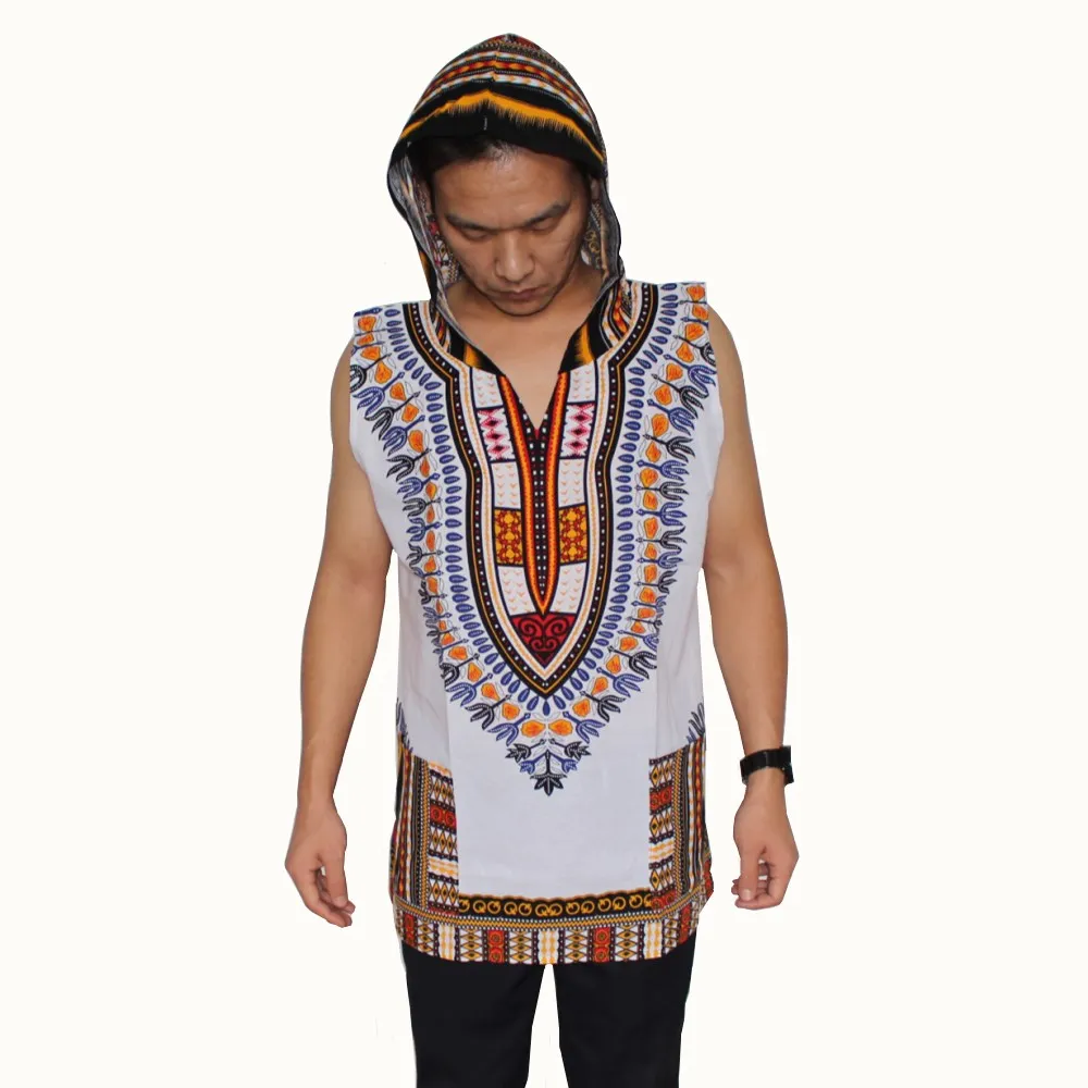 Sleeveless Dashiki Hoodies Loose African Hooded Dashiki Fabric 100% Cotton Unisex Kimono with Pocket Kaftan Hoody Tunic Tops