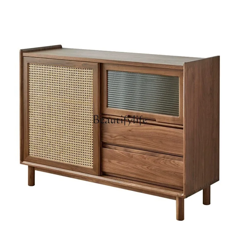 

Black walnut side cabinet Nordic simple solid wood rattan storage locker