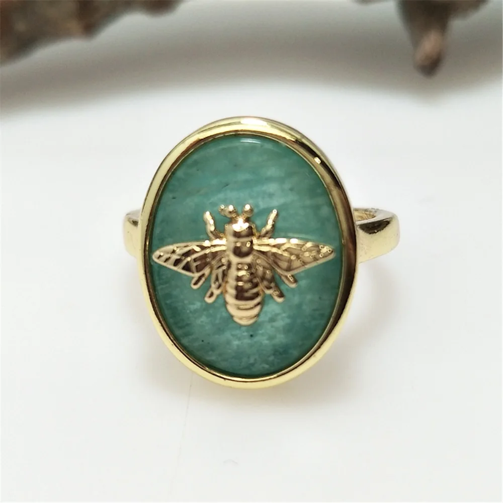 Hot 1Pcs Natural Stone Bee Ring, Golden Plated Oval Rose Quartz&Amazonite Adjustable Ring, Ideal Valentine\'s Day Gift RG103