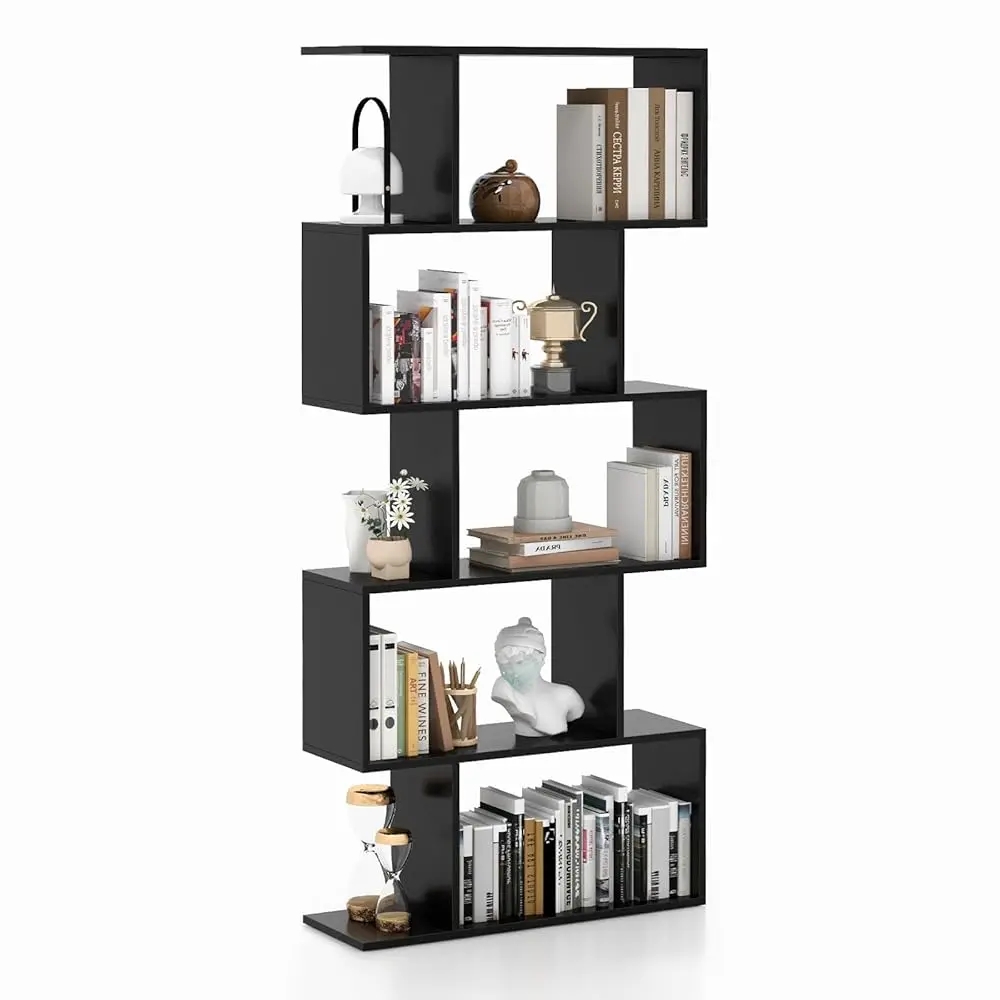 

5-Tier Geometric Bookshelf, S Shaped Bookcase W/Anti-Toppling Device, Freestanding Room Divider, Industrial Home Office Decor