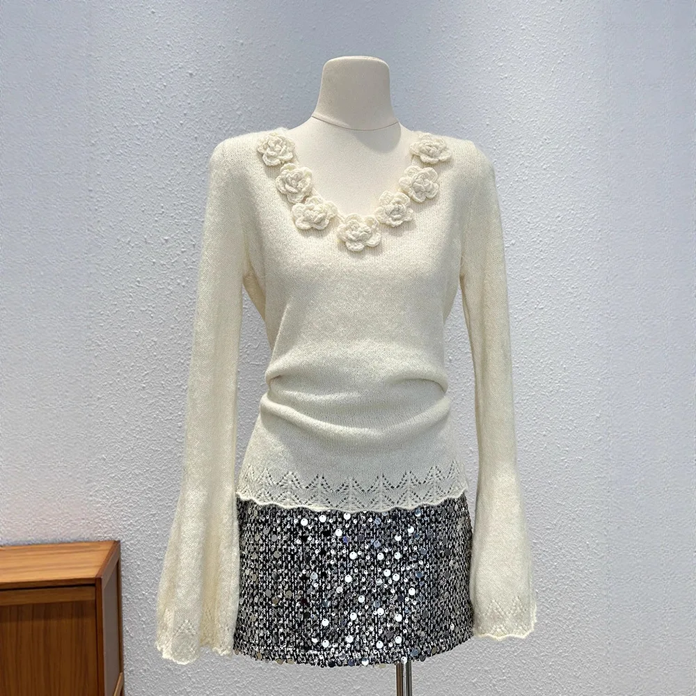 Solid Color Long Sleeve Sweater for Women Fashion Handmade Floral V-Neck Chic Pullovers Slim Fit Jumpers Flare Knit Top
