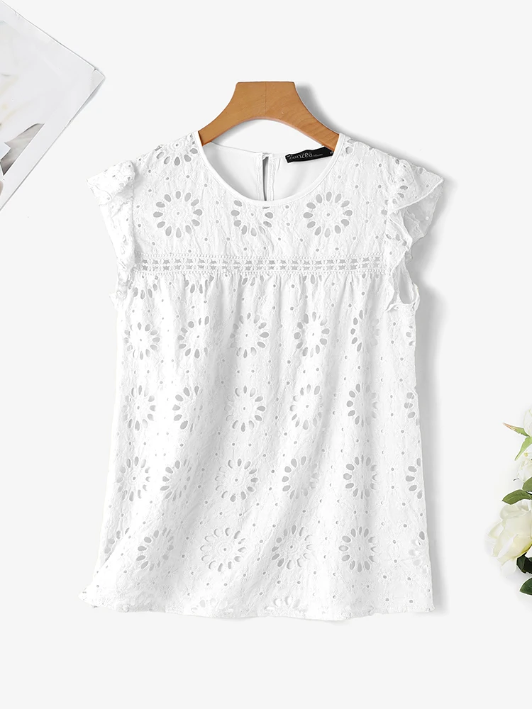 ZANZEA Hollow Out Embroidered Ruffles Tank Tops Summer 2024 Casual Women Fashion Camisole Sleeveless O Neck Lace Patchwork Tees