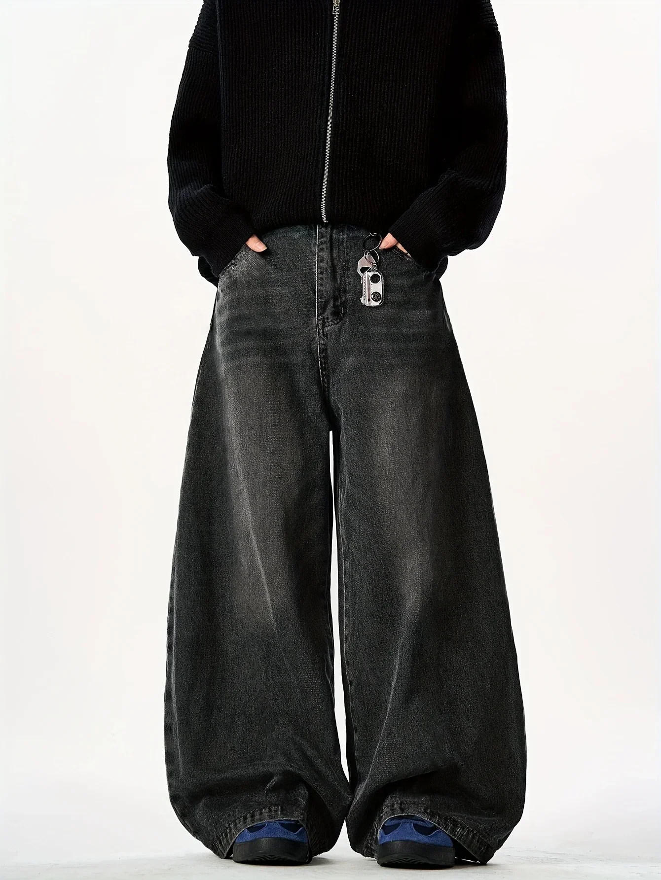 1pc Men'S Loose Fit Distressed Wide Leg Jeans - Comfortable Blend Denim Pants with Pockets, Casual Style, All-Season Wear