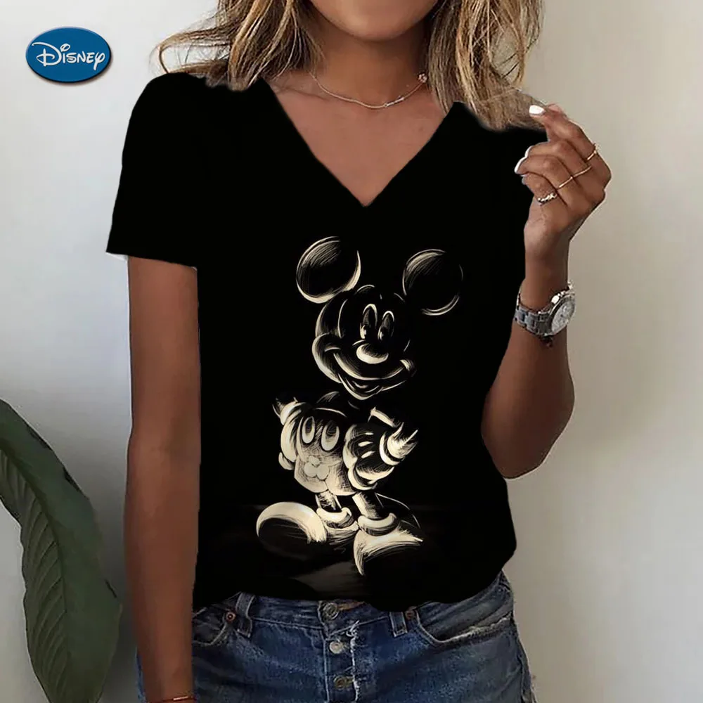 2024 Summer Women's Elegant Short sleeved Retro Disney Mickey Mouse Print Top Daily Street Fashion T-shirt Sexy V-neck T-shirt