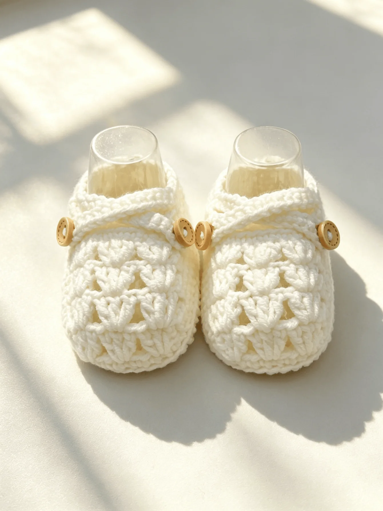 1 Pair Handmade Crochet Baby Booties with Button Strap, White, Knit Mary Jane Style, Newborn Infant Shoes