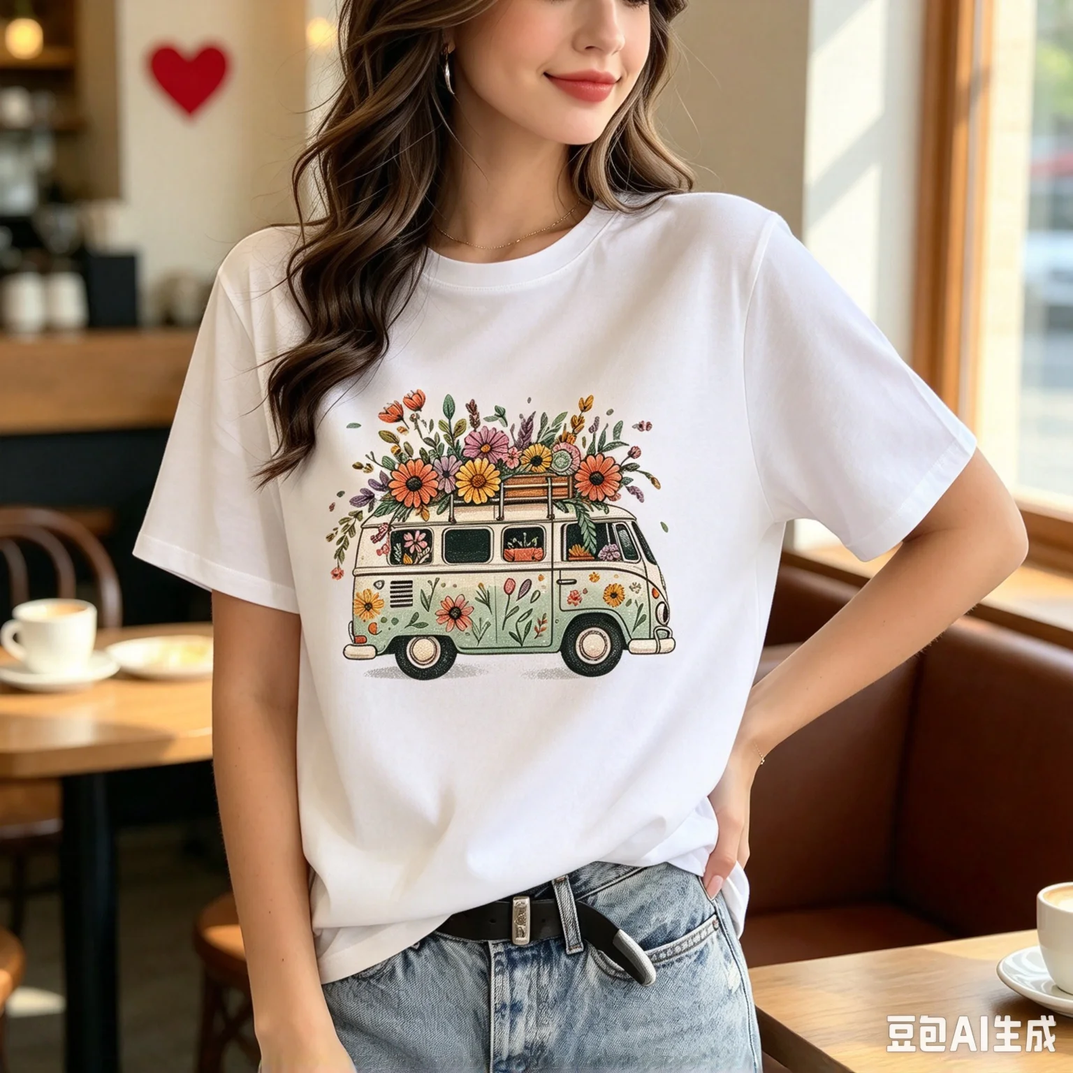 Women Vintage Floral Camper Van T-Shirt Flower Power Bus Print Top Modal Casual Travel Boho Nature Daily Street Shirt